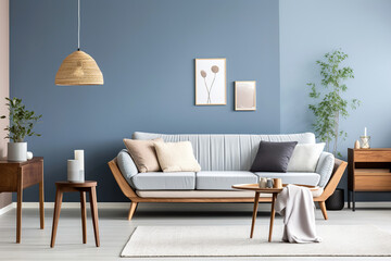 Sofa against blue wall. Scandinavian home interior design of modern living room.