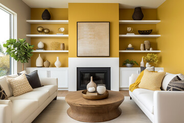 Fototapeta na wymiar Farmhouse art deco home interior design of modern living room with yellow walls.