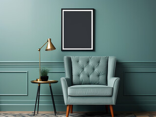 Classic armchair near paneling wall with empty poster frame with copy space. Home interior design of mid century living room.