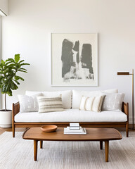 White sofa against wall with poster. Mid century style home interior design of modern living room.