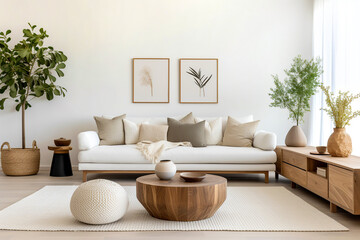 Naklejki  Round wood coffee table against white sofa. Scandinavian home interior design of modern living room.