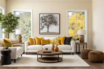 Round coffee table against white sofa with yellow pillows. Farmhouse, country home interior design of modern living room.