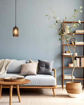 Sofa and book stand against blue wall. Scandinavian home interior design of modern living room.