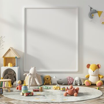 mock up white big photo frame in children playing room