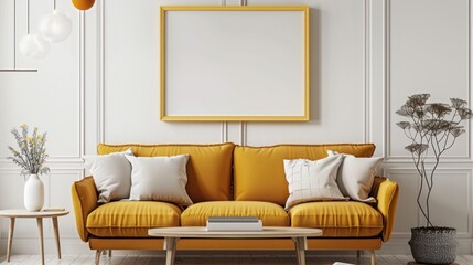 Mockup Frame - Modern Interior of Living Room with yellow Sofa and Indoor Plants