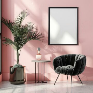 Mock up poster frame in pink interior background, Scandinavian style, 3d render