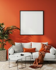 The tropical ambiance comes alive in a living room with a fiery orange wall and a blank mockup frame.