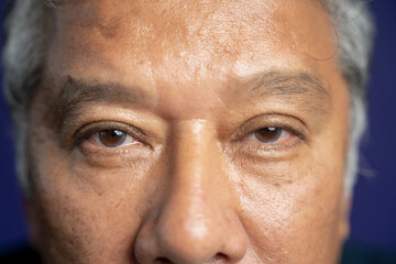 Close-up of senior man looking at camera against purple background