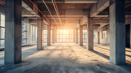 Unfinished interior of a building at sunset representing construction, architecture, potential, and development.