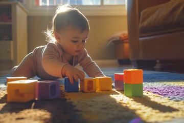 Toddler playing with colorful building blocks, focused and engaged, natural light illuminating the play area, symbolizing early child development stages  - obrazy, fototapety, plakaty