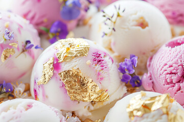 Artisanal ice cream with exotic toppings, edible flowers and gold leaf, luxurious and unique, close-up on the delicate textures