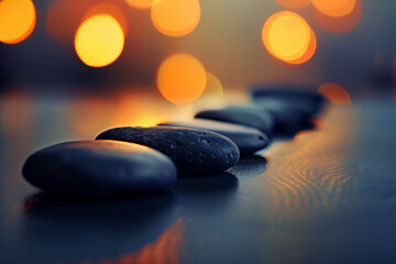 Close-up of hot stones placed along the spine of a relaxed person lying on a massage table, dimly lit spa setting, serene and therapeutic - obrazy, fototapety, plakaty