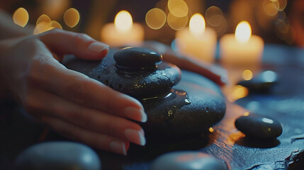 Professional therapist performing a hot stone massage on a client, focus on the hands placing stones, calming and luxurious spa environment - obrazy, fototapety, plakaty