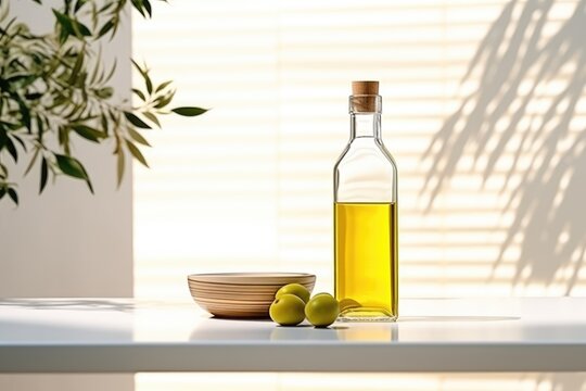 Sunlit Kitchen Counter Displaying Olive Oil, Green Olives, and Fresh Rosemary