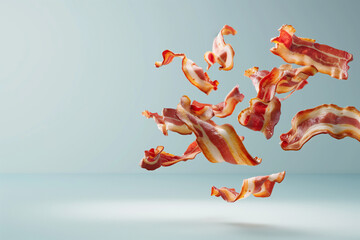 Flying Bacon Slices on blue background. - obrazy, fototapety, plakaty