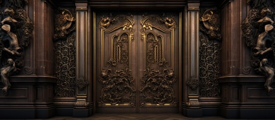 A large bronze door at Koelner Dom is flanked by statues on each side. The door features intricate Li designs that add to its exquisite appearance. - Powered by Adobe