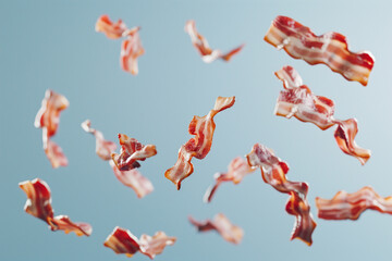 Dynamic Culinary Photograph of Flying Bacon Slices.