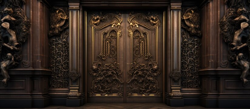 A large bronze door at Koelner Dom is flanked by statues on each side. The door features intricate Li designs that add to its exquisite appearance.