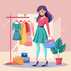 Beautiful Girl Shopping Fashion Cloths full body view illustration