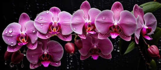 Fototapeta premium The close-up view showcases a bunch of pink orchid flowers, each delicate petal glistening with raindrops. The vibrant pink color and intricate patterns of the blooms are highlighted in this detailed