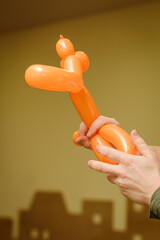 Hands form with a balloon dog. Party, animators, birthday concept.