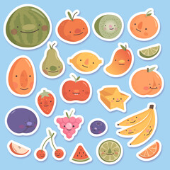 sticker set Collection of fruit tropical healthy flat style cute fruit characters, adorable citrus berry faces with noses kawaii pastel