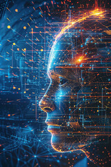 Fototapeta premium Ethereal interface where human intellect merges with machine intelligence, a vision of brain-computer harmony