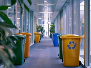 Three separate recycling bins labeled for plastic, paper, and glass in an eco-conscious office environment.