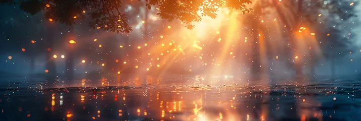 Wandcirkels plexiglas Sunlight rays piercing through trees reflecting on water surface with floating particles. Digital art landscape with copy space. Serene nature and tranquility concept for design and wallpaper. © Dmitry