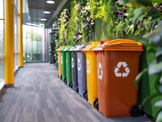 Three separate recycling bins labeled for plastic, paper, and glass in an eco-conscious office environment. - obrazy, fototapety, plakaty