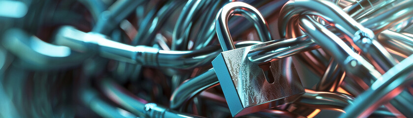 Metallic secure network cables intertwined with a digital padlock, ensuring cyber safety - obrazy, fototapety, plakaty