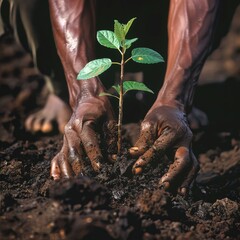 Close-up of human hands planting a small tree in fertile earth, symbolizing growth and environment care.