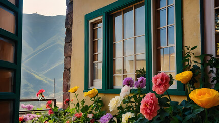 Vibrant Blooms Surrounding a Picturesque Window Frame.