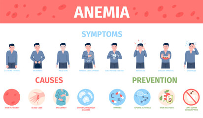 Anemia prevention, symptoms, treatment and causes. Blood disease and iron deficiency infographic medical poster. Health recent vector info brochure