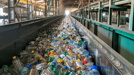 Rows of yellow, green, and blue recycle bins filled with various separated recyclable materials.