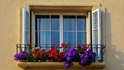 Fototapeta na wymiar Vibrant Blooms Surrounding a Picturesque Window Frame.