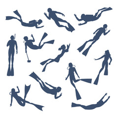 Divers silhouettes. Scuba diving, snorkeling characters with tools and equipment for underwater explore and swimming. Recent vector swim characters