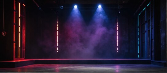 Spotlight Illumination on Stage,  Auditorium Smoke with Colored Lights - obrazy, fototapety, plakaty