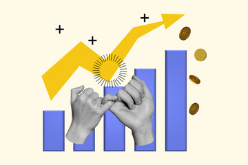 Collage picture two arms peace conciliation united gesture traders friends colleagues increase profit tokens crypto earnings rich rise