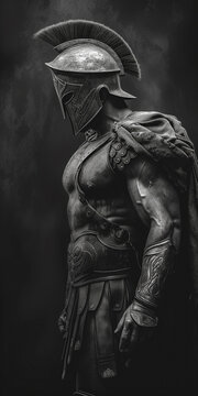A black and white image of a spartan armored warrior, in the style of black and white realism
