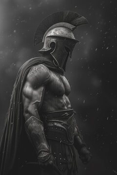 A black and white image of a spartan armored warrior, in the style of black and white realism