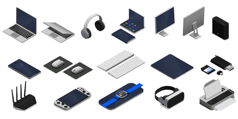Isometric electronic gadgets. Modern technologies for work and entertainment. Headphone, laptop and smartphone, smart watch, pithy vector set