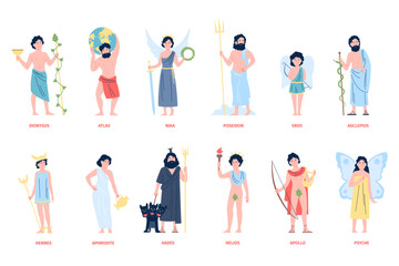 Greek olympian gods and goddess. Mythology of Greece cartoon characters. Cute Eros and Psyche, Aphrodite and Hermes. Myths heroes recent vector set - obrazy, fototapety, plakaty