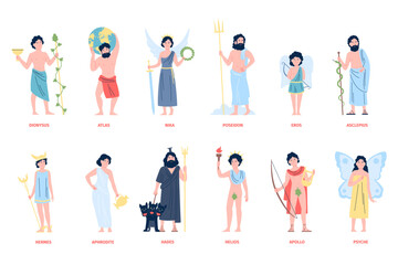 Greek olympian gods and goddess. Mythology of Greece cartoon characters. Cute Eros and Psyche, Aphrodite and Hermes. Myths heroes recent vector set