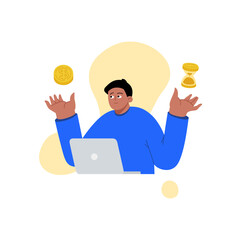 Vector business illustration, a black man in a blue sweater with a laptop. Illustration of a flat-style man investing the money. Financial vector artwork to passive income. 