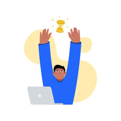 Financial vector artwork to passive income. Vector business illustration, a black man in a blue sweater with a laptop. Illustration of a flat-style man investing the money. 