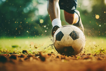 Professional footballer dribbling football, close-up of a foot kicking a soccer ball on the field, dirt flying to the sides, backlight, close-up photo of a professional soccer player playing football
