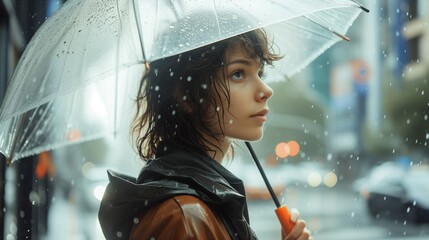 Woman holding transparent umbrella, sunny