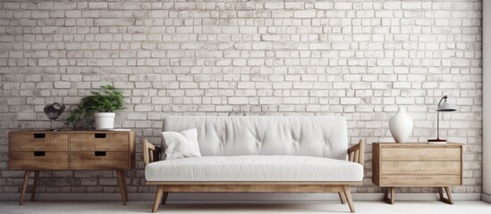 A white couch is positioned next to a wooden dresser in a stylish room with a white brick wall. The furniture pieces create a simple yet elegant aesthetic.