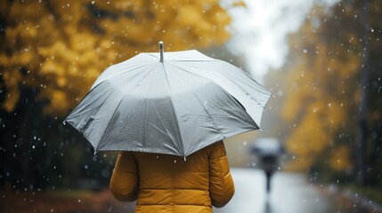 Woman holding white umbrella,rainy day